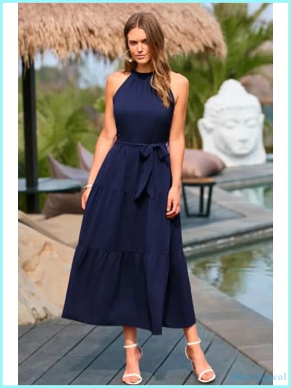 Sleeveless Halter Maxi Dress with Belt - Flowy Tiered Ruffle Boho Sundress